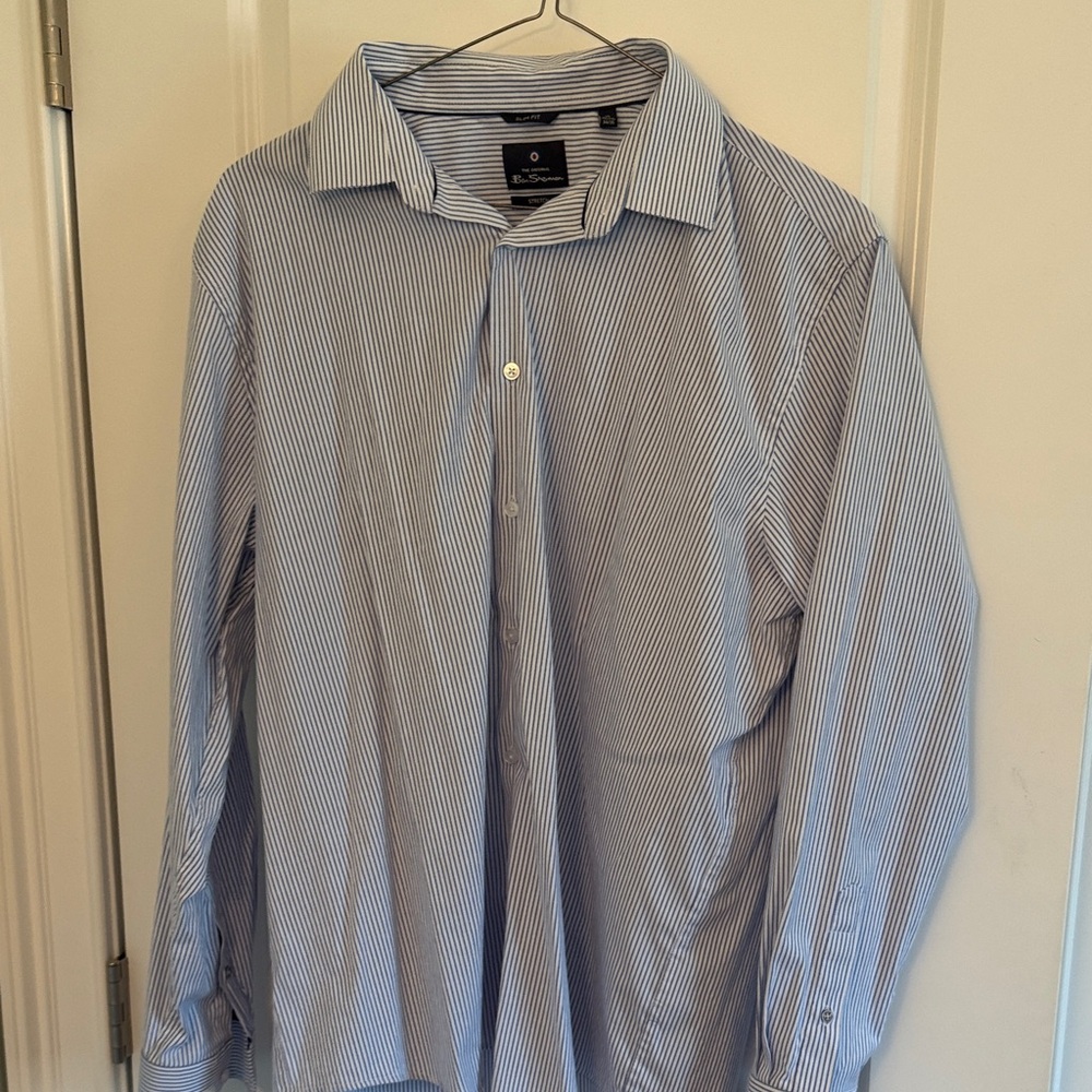 Ben Sherman Classic Blue and White Striped shirt. Slim fit stretch.  17-17.5